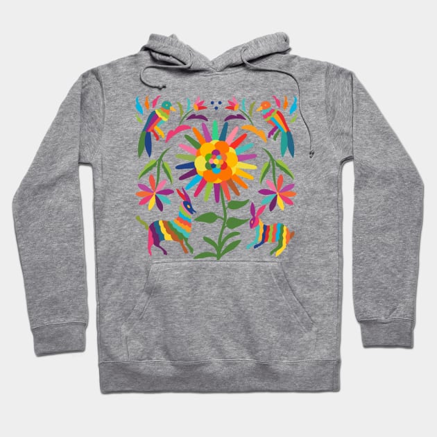Mexican Otomí Floral Composition with birds, a goat, and a rabbit by Akbaly Hoodie by Akbaly